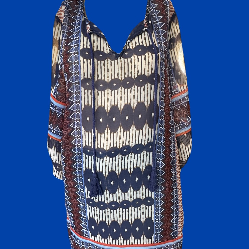 dylan Aztec Blue Tones Print Tunic Sz S
